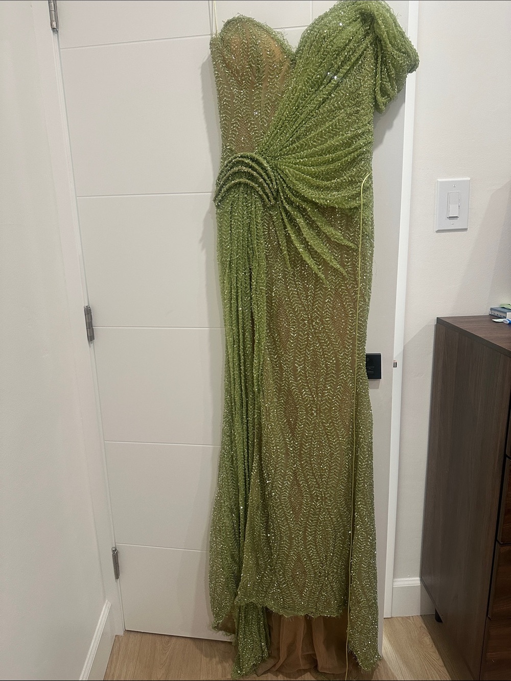 Goddess One-Shoulder Olive Green Beaded Evening Gown